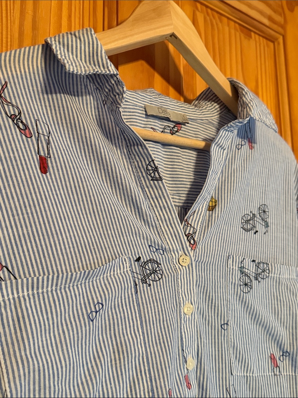 Dalia Blue and White Striped Button Down Shirt with Novelty Print - Picture 3 of 9